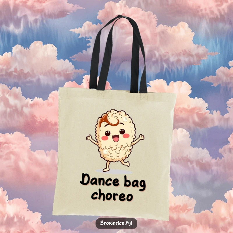 Funny brown rice character doing a silly dance with a dash of soy sauce, featured on a humorous tote bag.