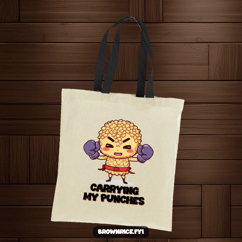 Funny Brown Rice Tote Bag: Brown rice character with boxing gloves, ready for action, durable and fun.