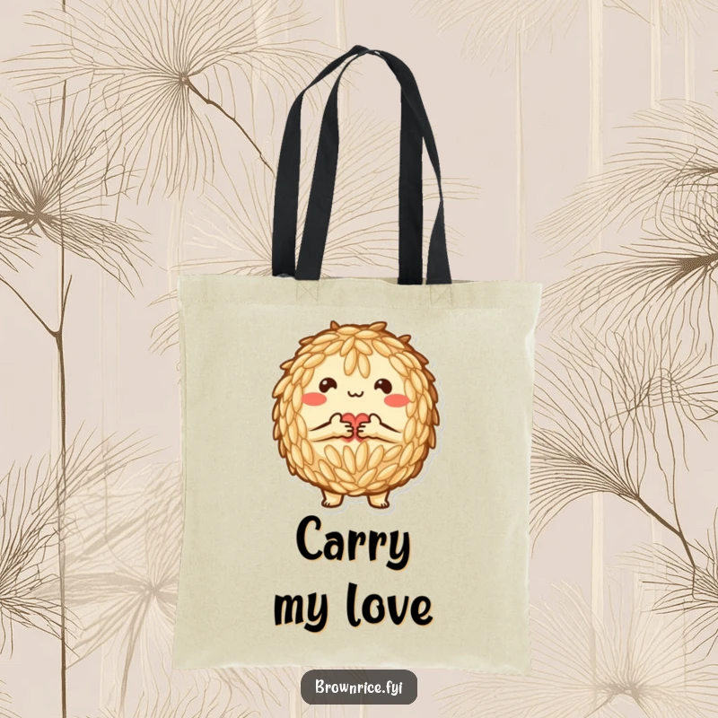 Funny Tote Bag: A brown rice character forming a heart with grains, ideal for carrying love and belongings.