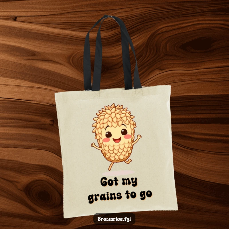 Funny tote bag illustrating a beaming brown rice grain character in mid-hop, a cheerful companion for your day.