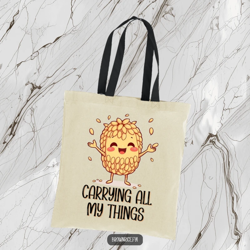 Funny tote bag illustrating a happy brown rice grain character skillfully juggling smaller grains, perfect for carrying daily items.