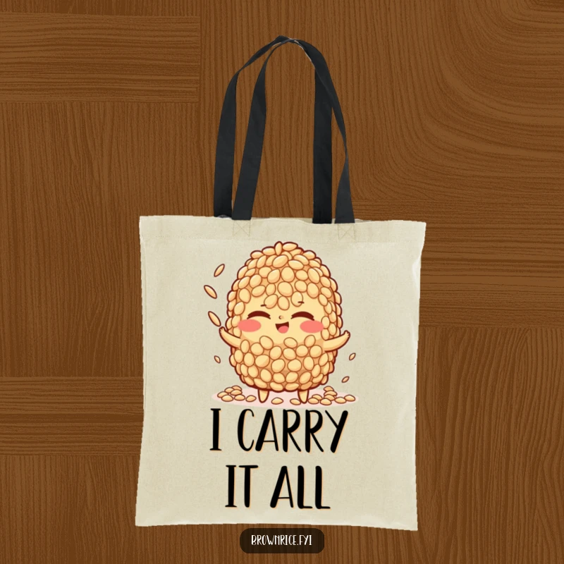 Funny brown rice character tote bag, winking with confidence while juggling tiny rice grains, practical and humorous for daily use.
