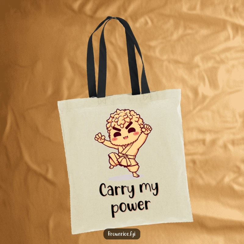 Funny tote bag featuring a brown rice character performing a martial arts kick, perfect for carrying essentials with a punch.