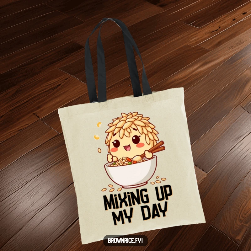Funny tote bag featuring a brown rice grain character happily mixing ingredients in a bowl, ideal for grocery runs and kitchen supplies.