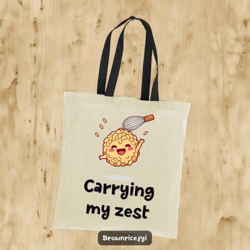 Funny Tote Bag: A brown rice character mid-air, playfully tossed by a smiling whisk, ready for errands with a smile.