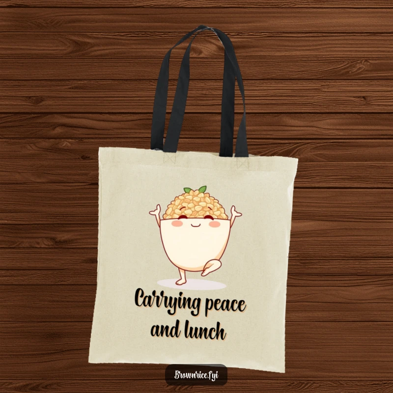 Funny tote bag with a smiling brown rice bowl holding a yoga pose, ideal for carrying yoga mats and daily necessities.