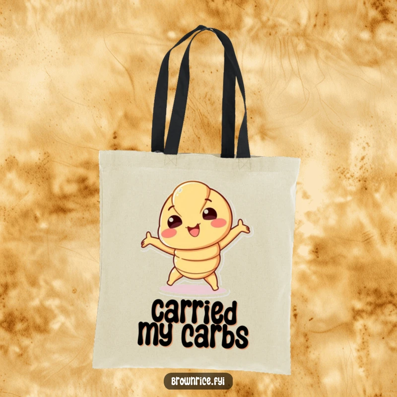 Funny Croissant Tote Bag with a smiling croissant character playfully stretching, ideal for shopping or daily use. A chic funny gift.