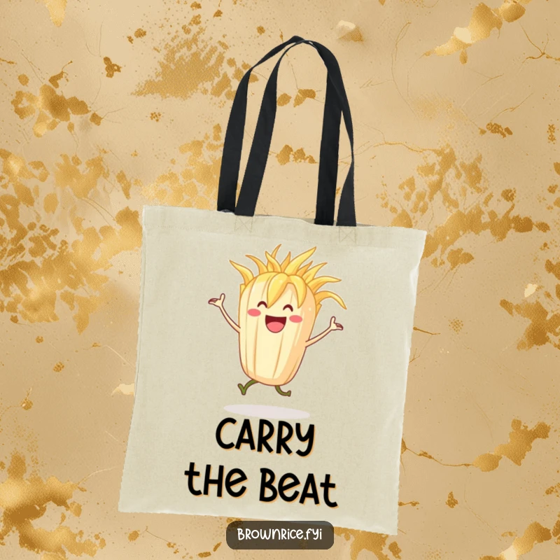 Grinning stalk of rice character dancing with happy abandon, depicted on a durable and humorous tote bag.