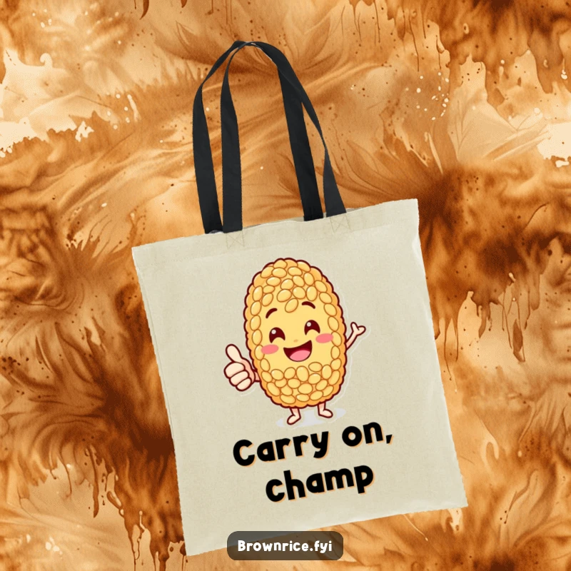 Funny jolly brown rice grain character giving a positive thumbs-up, featured on a stylish and functional tote bag.