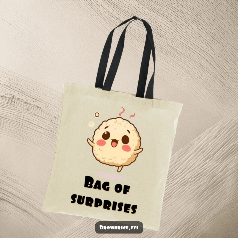Funny tote bag featuring a brown rice grain character with a surprised expression, levitating with steam, ideal for humorous everyday use.