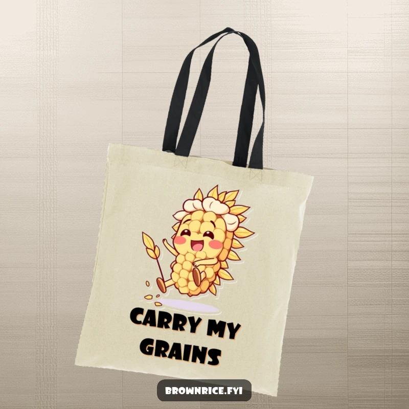 Funny Oat Grain Tote Bag with a happy oat grain character performing a silly stunt, ideal for shopping or daily use. A fun funny gift.