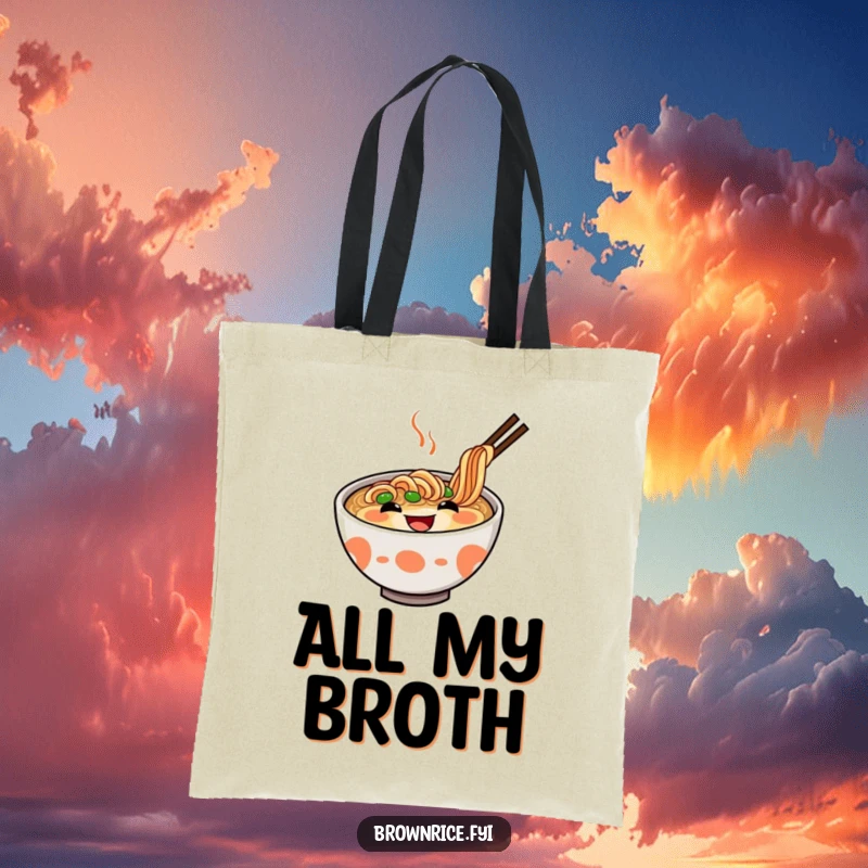 Funny Ramen Tote Bag with a delighted, grinning ramen bowl, ideal for groceries or daily essentials. A super funny gift.