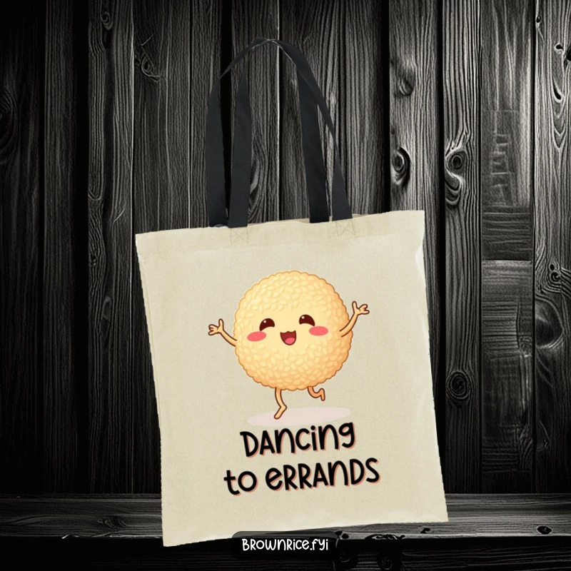 Funny brown rice ball doing a silly dance with wobbly legs, a durable tote bag with a cute and humorous cartoon illustration.