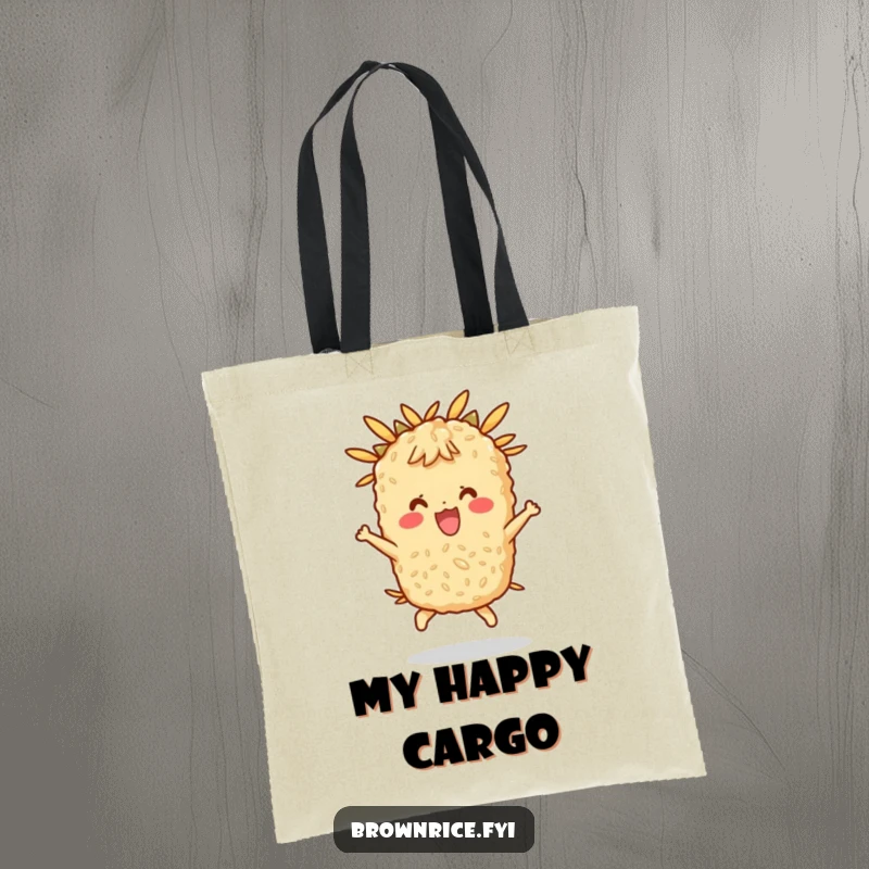 Funny tote bag with a happy brown rice character bouncing, ideal for carrying groceries and foodie essentials.