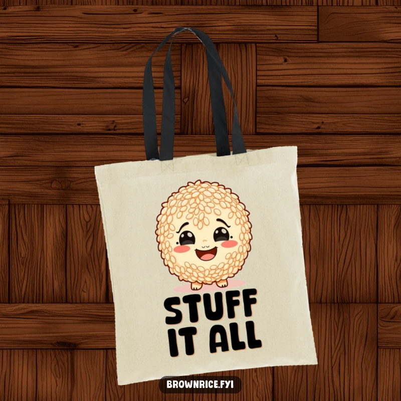 Funny brown rice character with a comically wide, starchy smile, featured on a humorous tote bag.