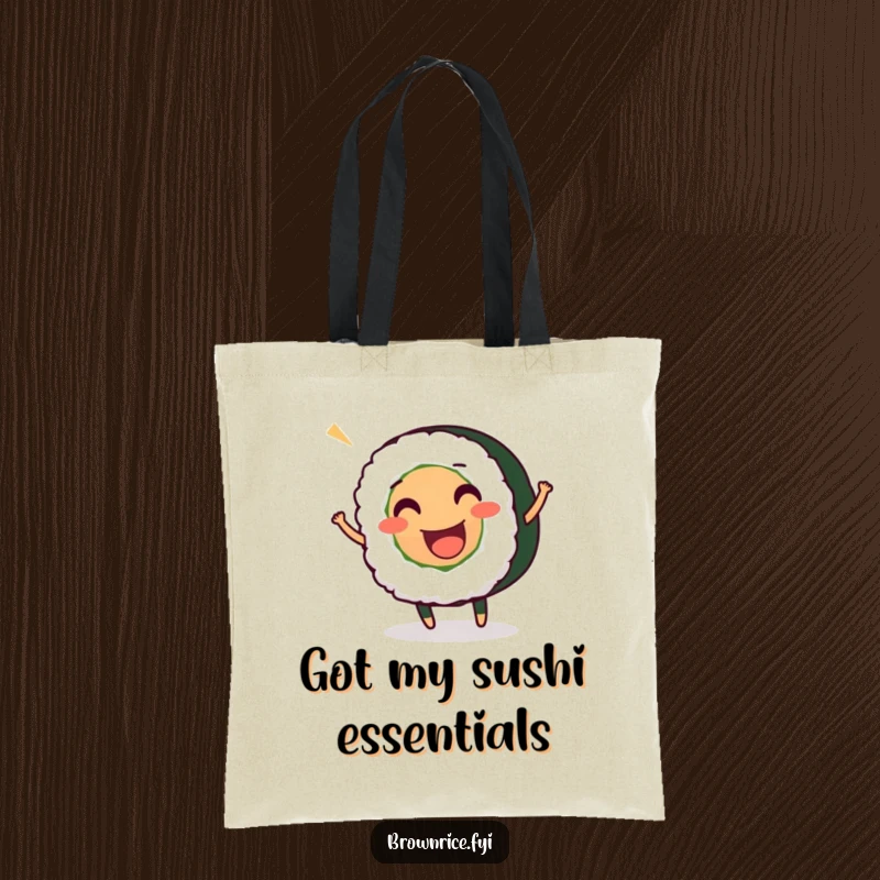 Funny tote bag with a smiling sushi roll character wiggling enthusiastically, ideal for carrying groceries with a side of cheer.