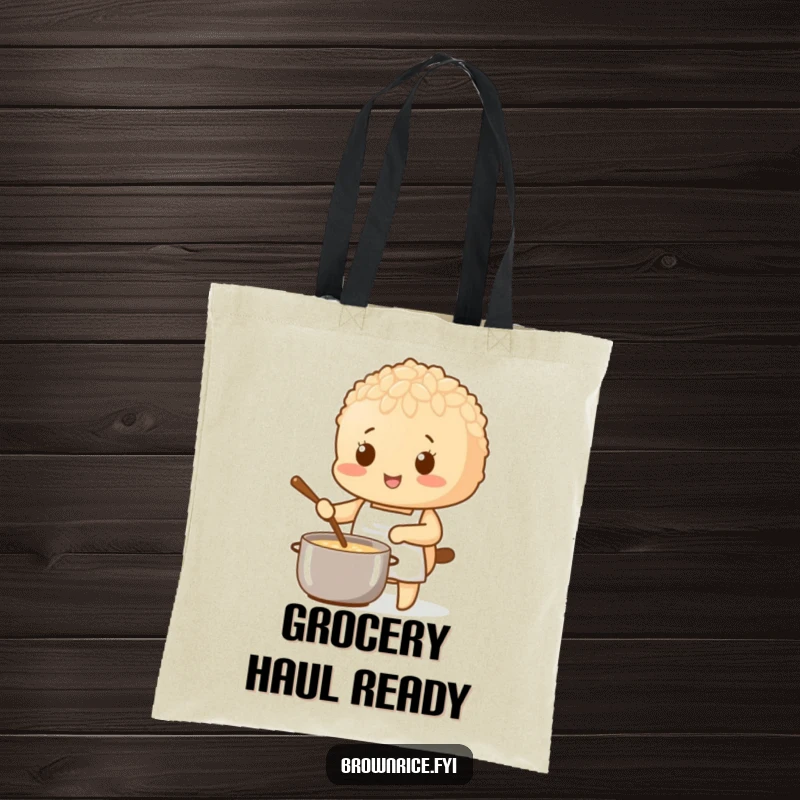 Brown rice character wearing a tiny apron, stirring a pot, a humorous tote for chefs.