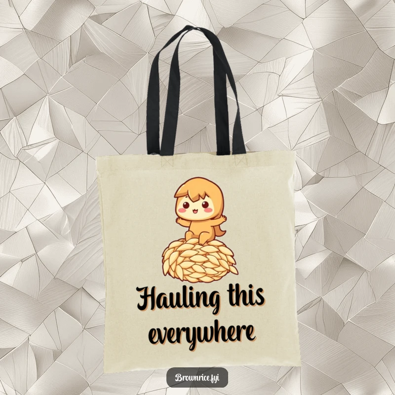 Funny tote bag illustrating a brown rice character gleefully riding a giant grain of rice, a perfect funny gift.