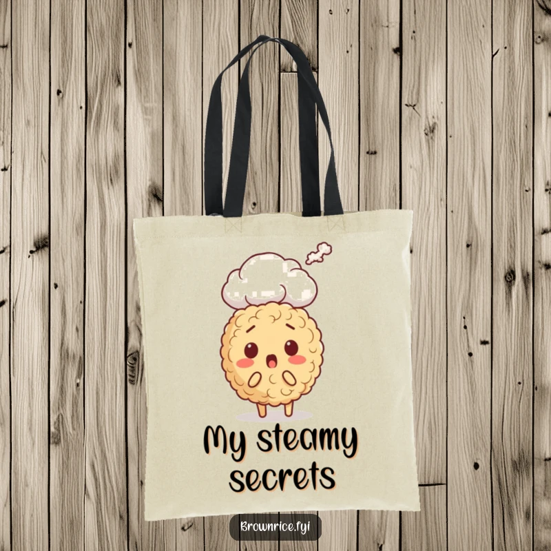 Funny brown rice character tote bag, wide-eyed and astonished as a steam cloud rises, perfect for carrying items with humorous surprise.