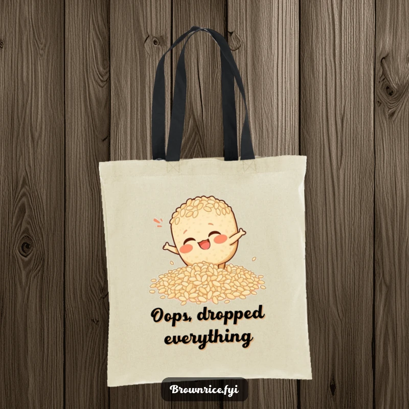 Funny tote bag depicting a brown rice character comically slipping on spilled rice, a great funny gift.