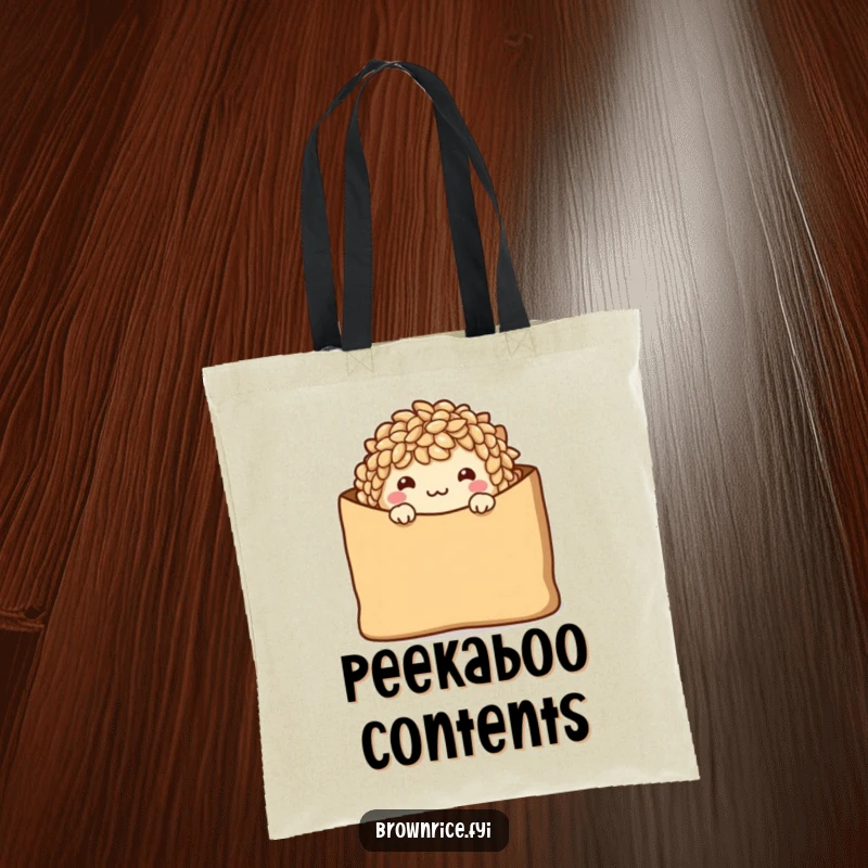 Funny Tote Bag with a shy brown rice character peeking from a brown paper bag, offering a warm smile.