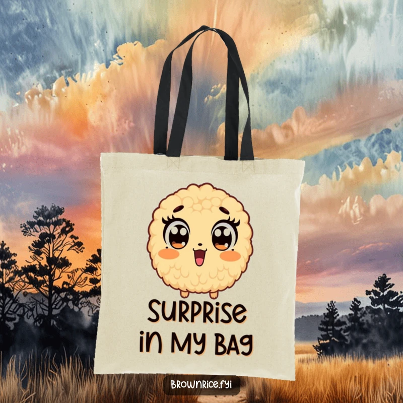 Funny tote bag showcasing a brown rice grain character with comically wide eyes, expressing surprise and ready for errands.