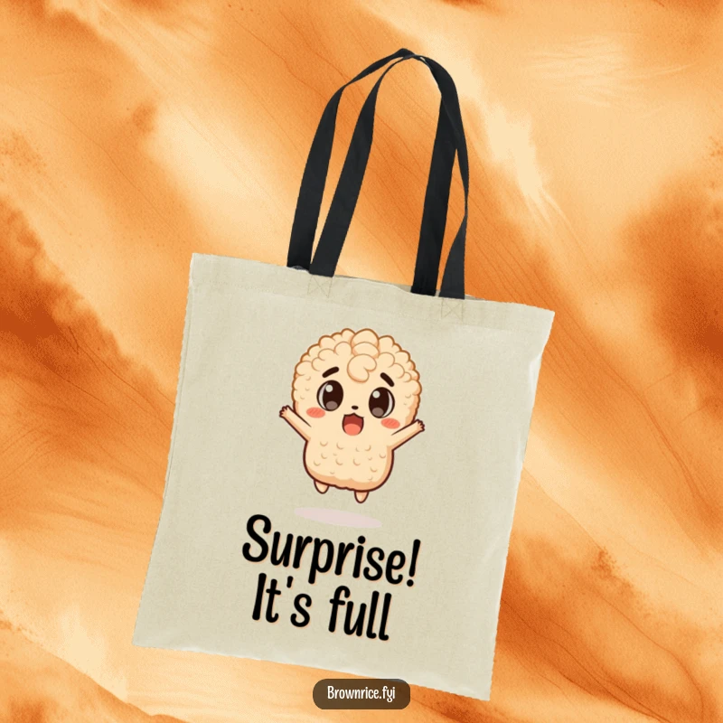 Funny tote bag with a brown rice character executing a surprised, wide-eyed jump, excellent for a funny gift.