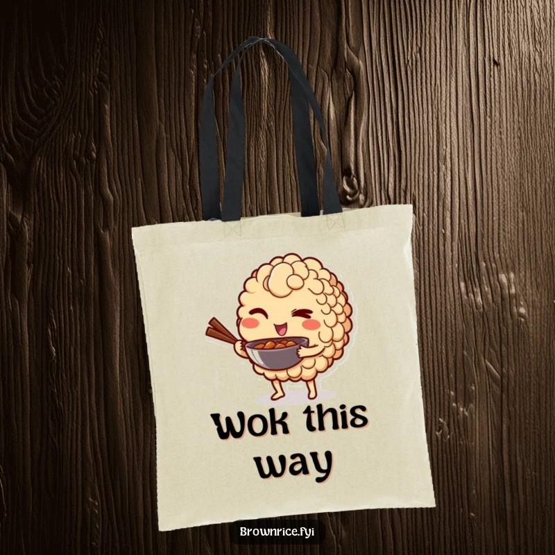 Funny tote bag showcasing a brown rice grain character winking playfully while holding a mini wok, perfect for stylish errands.